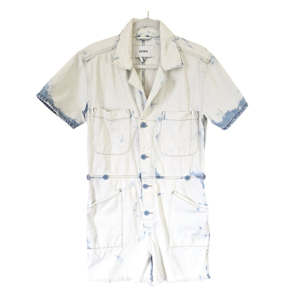 Pistola Parker Denim Romper Womens M White Blue Tie Dye Short Sleeve Utility